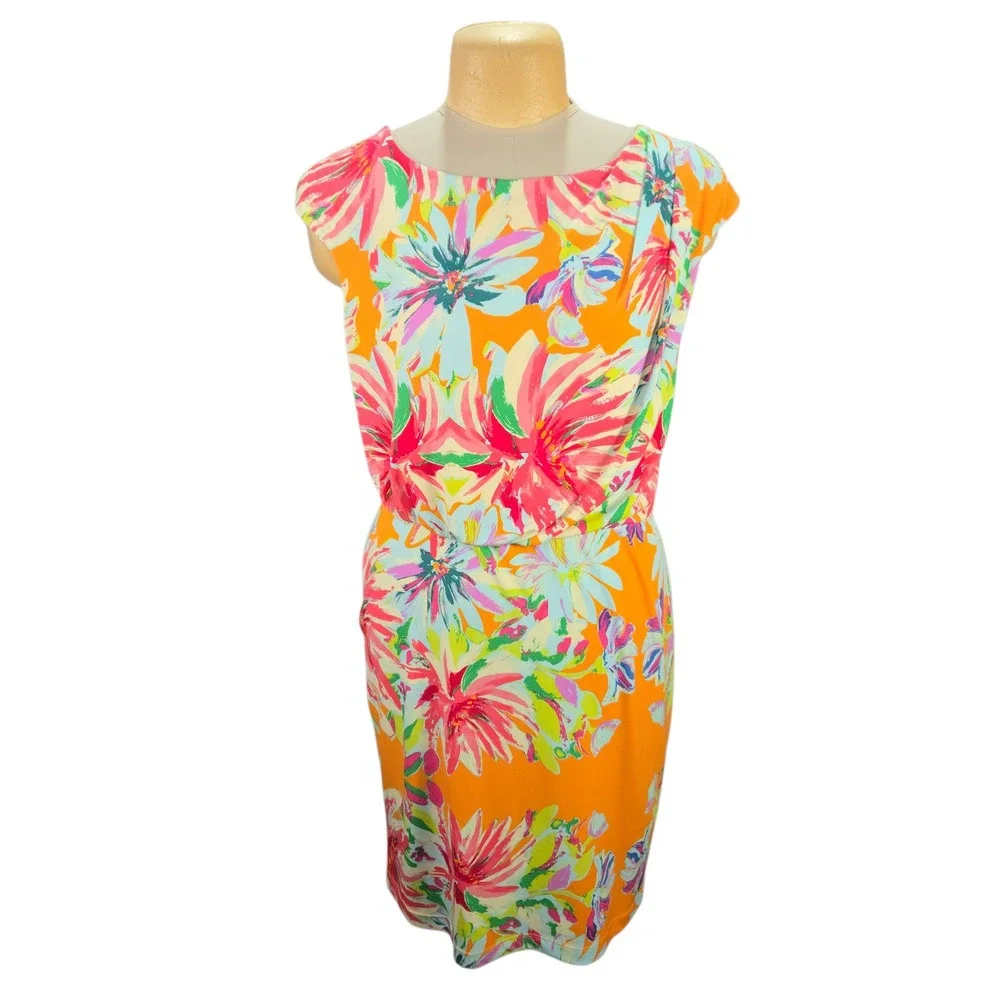 Tiana B Floral Sheath‎ Dress 12 Orange Pink Tropical Summer Vibrant Colorful